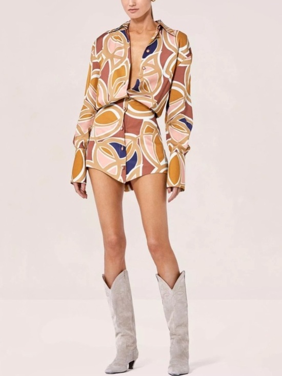 Alexis Dresses & Skirts - Alexis Long Sleeve Printed Mini Dress in Tan, Pink, Navy & Mustard